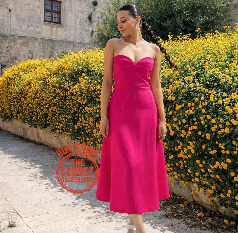 Zara NWT Fuchsia Pink Strapless Sweetheart A-Line Midi Dress M